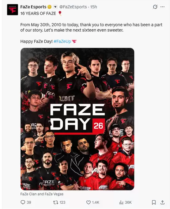 FaZe Clan电子竞技俱乐部迎来建队16周年纪念日