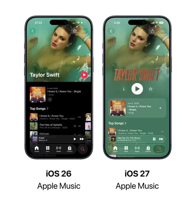 苹果iOS 27版Apple Music升级歌手页面：播放按钮更醒目