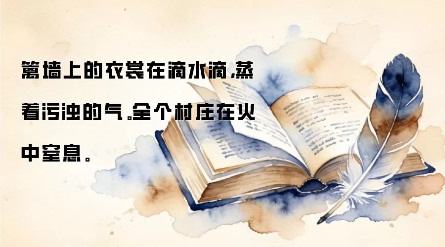 篱墙上的衣裳在滴水滴，蒸着污浊的气。全个村庄在火中窒息。