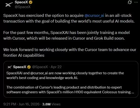 SpaceX以600亿美元收购Cursor