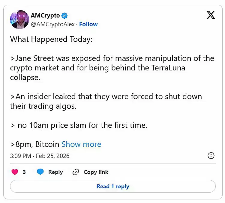 比特币（BTC）反弹至6.6万美元,Jane Street算法出售传闻升温