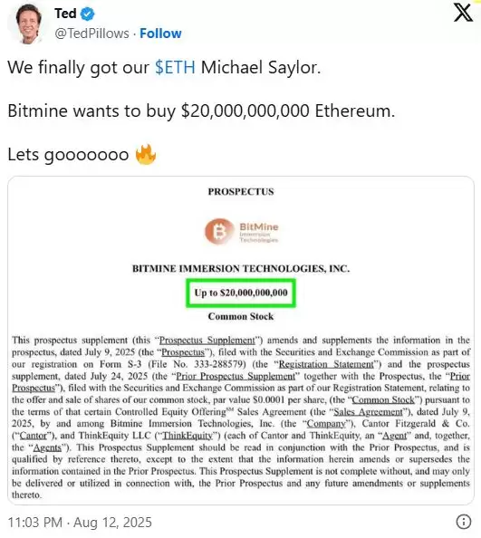 以太坊突破4600美元开启狂暴牛市:BitMine融资200亿美金,加密市场全线沸腾