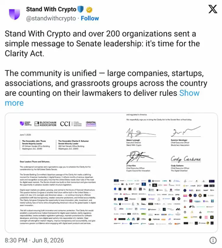 逾200加密公司推CLARITY法案过参