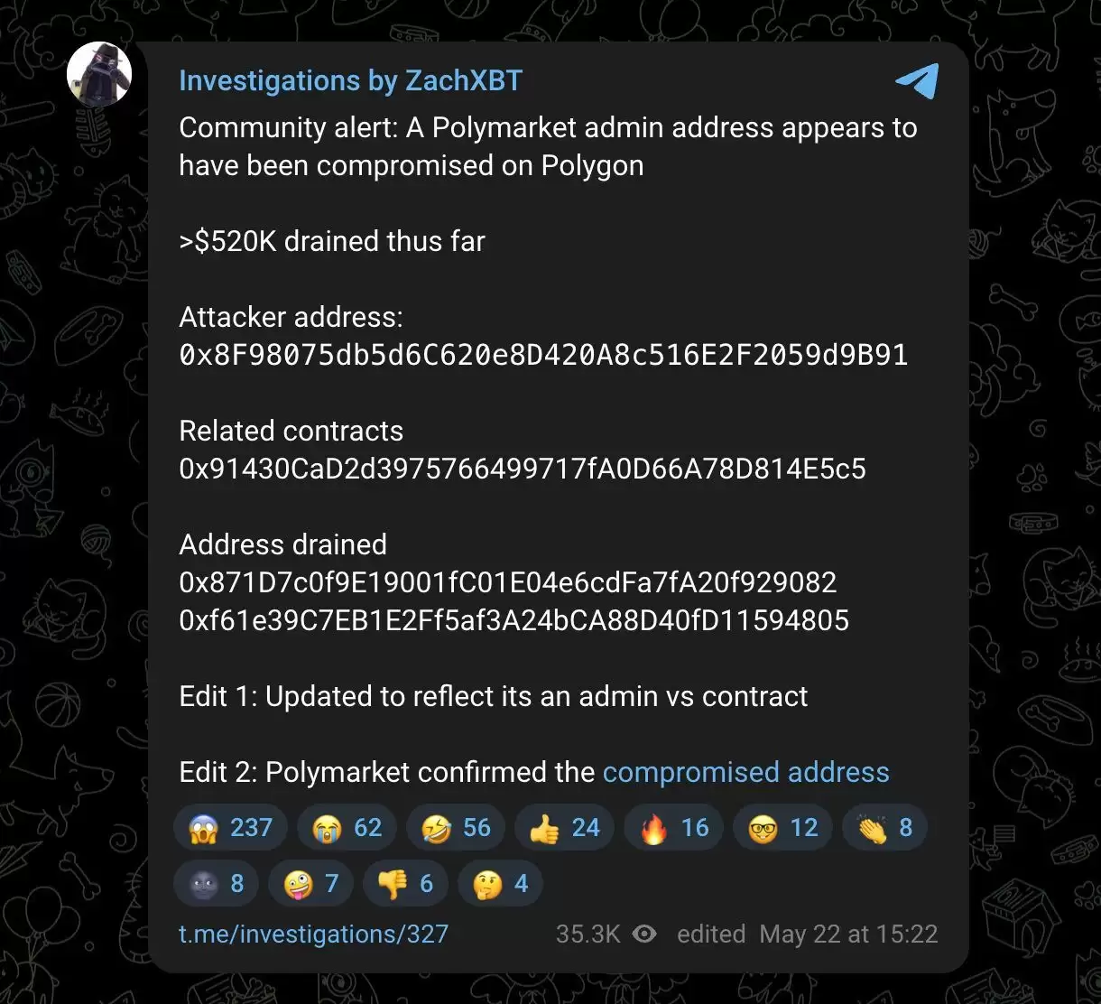 Polymarket称内部wallet密钥泄露后,57.3万美元资金被转移