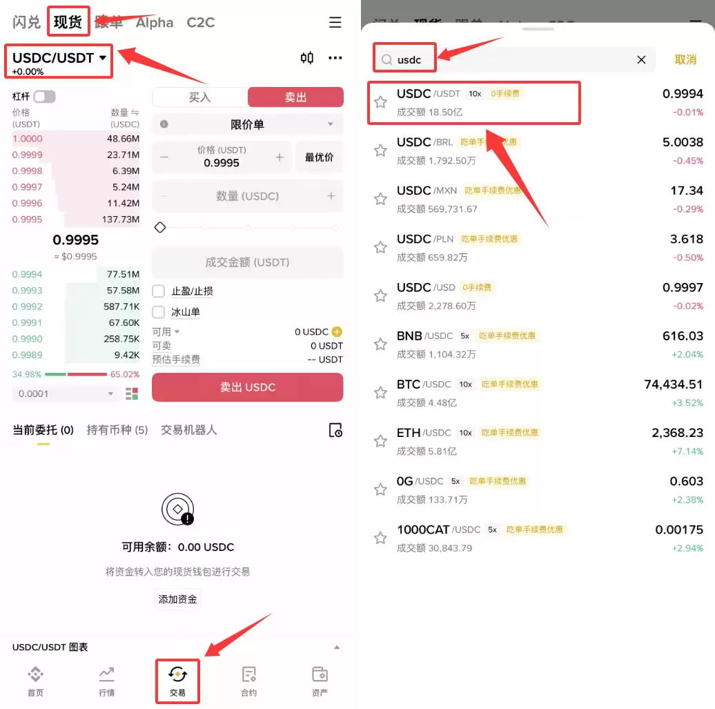 USDC怎么换成USDT？币安现货交易换币步骤2026