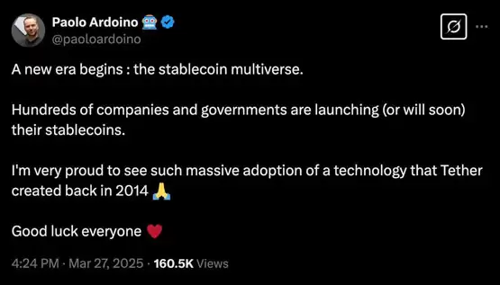 Tether CEO Paolo Ardoino高调喊话：稳定币多重宇宙到来 USDT将迈向十亿用户