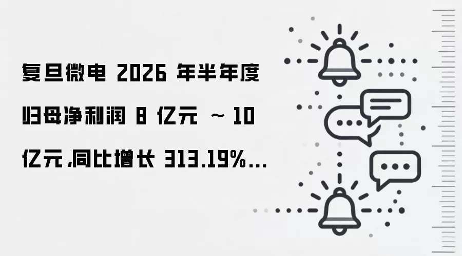 复旦微电 2026 年半年度归母净利润 8 亿元 ~ 10 亿元，同比增长 313.19%~416.49%