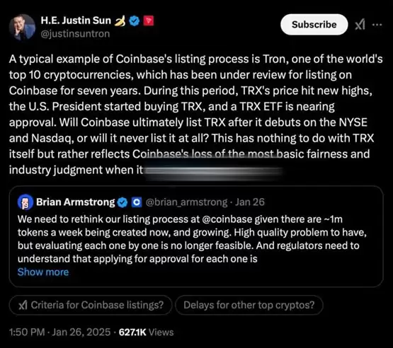Coinbase CEO Brian Armstrong重整上币流程！孙宇晨：有失公正