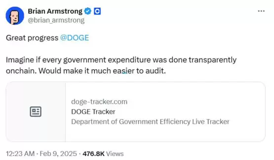 马斯克DOGE已帮美国省下367亿美元！Coinbase CEO：财政收支必须上链