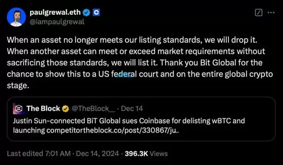 Coinbase下架WBTC遭BiTGlobal起诉！孙宇晨加入战场：双标