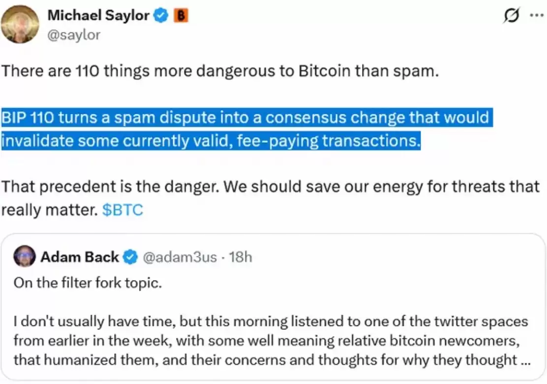 比特币（BTC）多头 Michael Saylor 和 Adam Back 抨击 BIP-110 序数提案