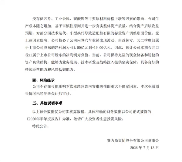 赛力斯：问界汽车由盈转亏 二季度预计净亏损超19亿元