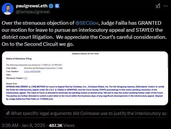 美国纽约法官批准Coinbase中间上诉!Paul Grewal:对SEC的一大重击