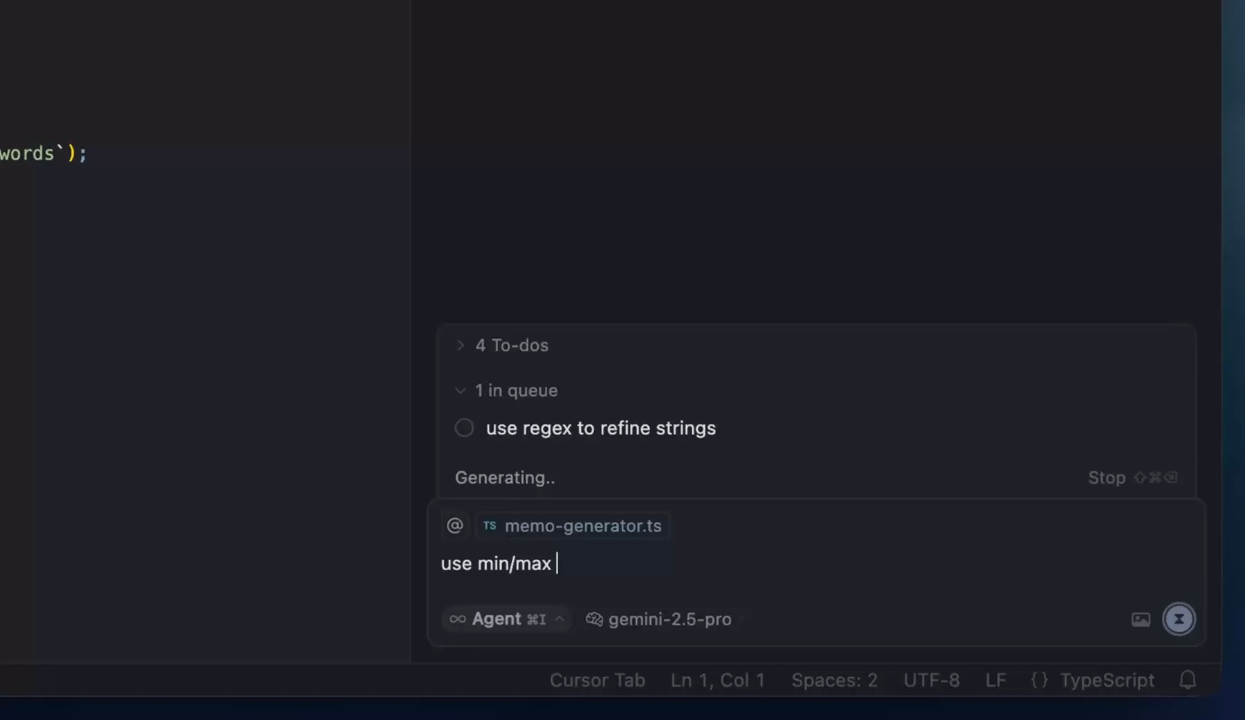 Cursor Agent 正在生成时，下方队列显示一条等待执行的后续指令