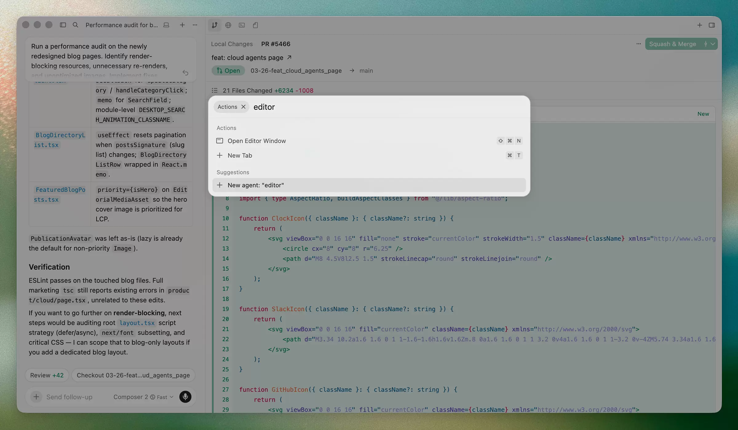 Cursor Agents 窗口的操作面板中显示 Open Editor Window 命令