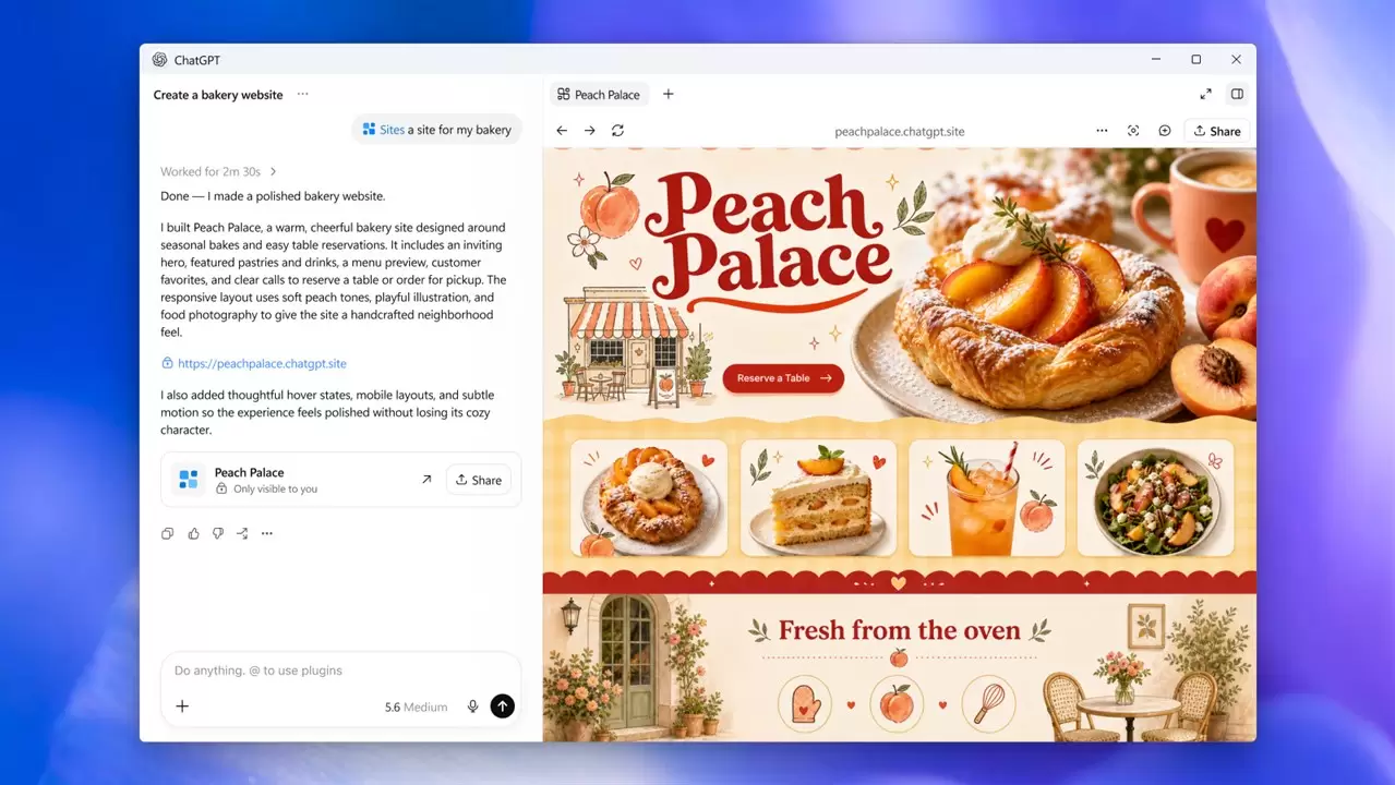 ChatGPT Windows 桌面版打开 Sites 结果的分栏界面，左侧为任务记录，右侧为 Peach Palace 网站预览