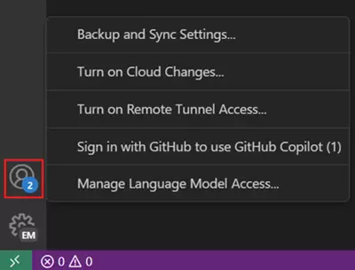 VS Code Activity Bar 的 Accounts 菜单显示 Sign in with GitHub to use GitHub Copilot