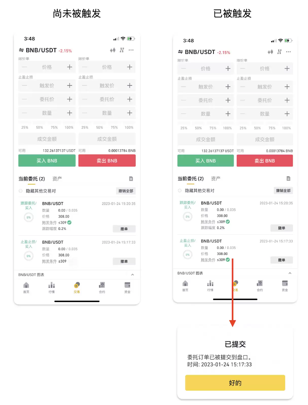 币安APP查看止盈止损订单状态截图