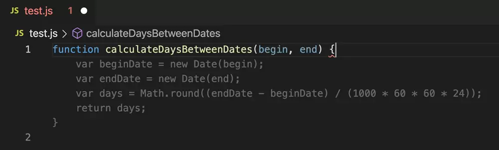 VS Code Ja vaScript 文件中显示 calculateDaysBetweenDates 函数的灰色 Copilot 内联建议