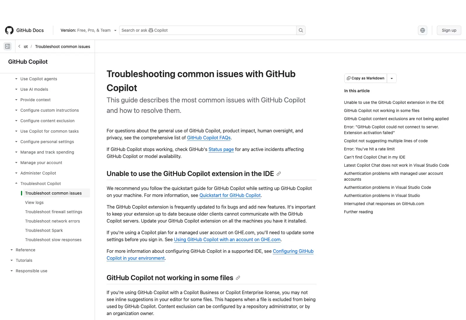 GitHub Docs 的 Copilot 常见故障页面列出扩展、限流、Chat 缺失与身份验证问题