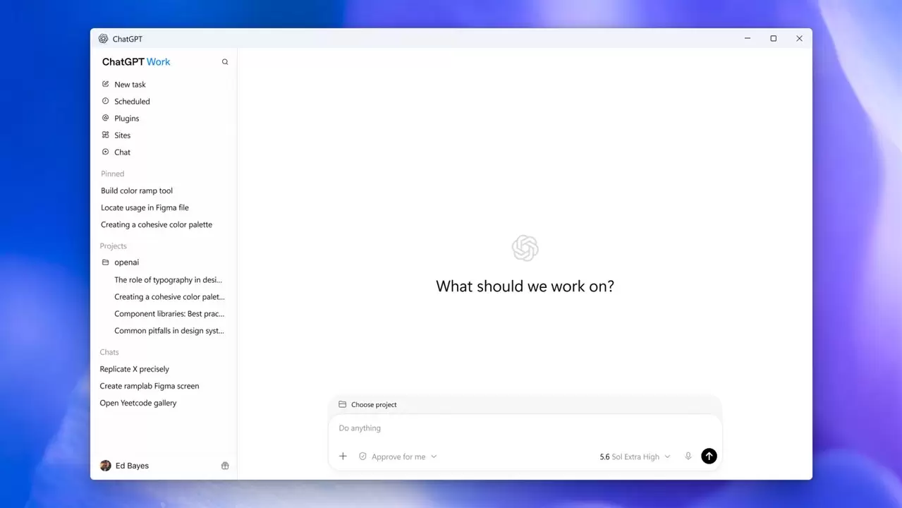 ChatGPT Windows 桌面版首次打开后的 Work 首页，左侧显示 New task、Sites、Chat，底部显示任务输入框