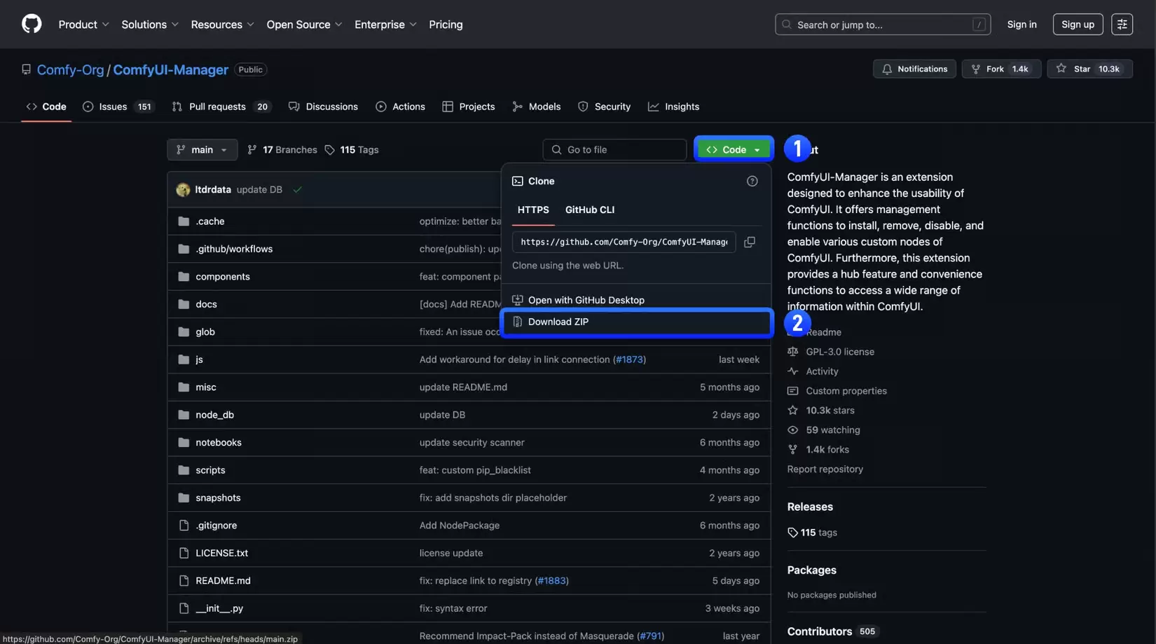 Comfy-Org 的 ComfyUI-Manager GitHub 仓库页面，Code 菜单中显示 HTTPS 克隆地址和 Download ZIP 入口