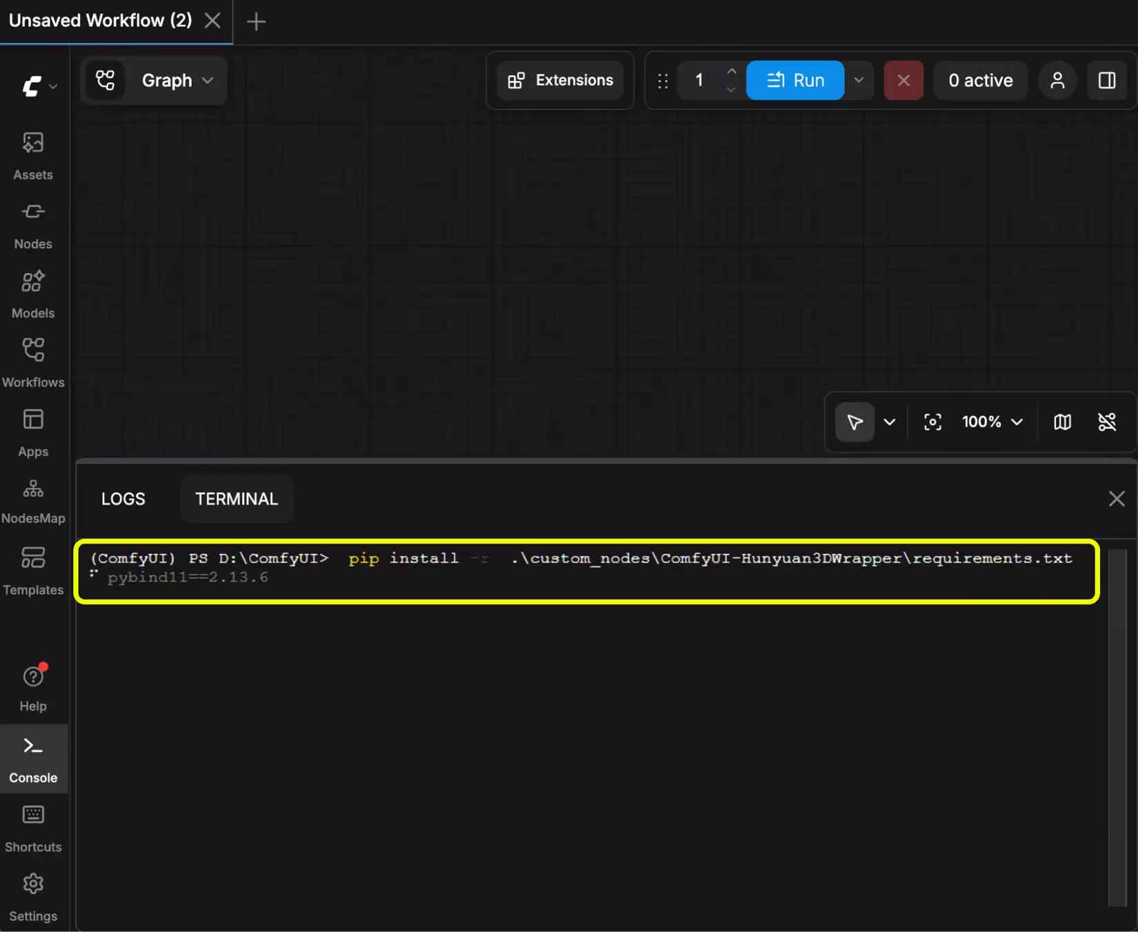 ComfyUI Desktop 的终端面板在 ComfyUI 环境中运行 pip install requirements.txt 安装自定义节点依赖
