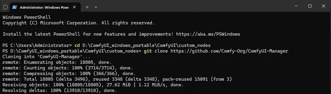 Windows PowerShell 在 ComfyUI 的 custom_nodes 目录执行 git clone，并显示代码对象接收完成