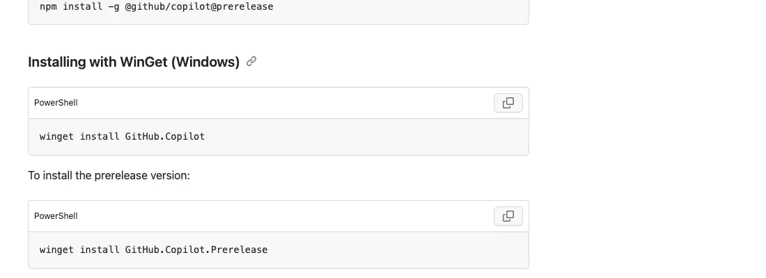 GitHub Docs 的 WinGet 安装小节显示 winget install GitHub.Copilot 命令