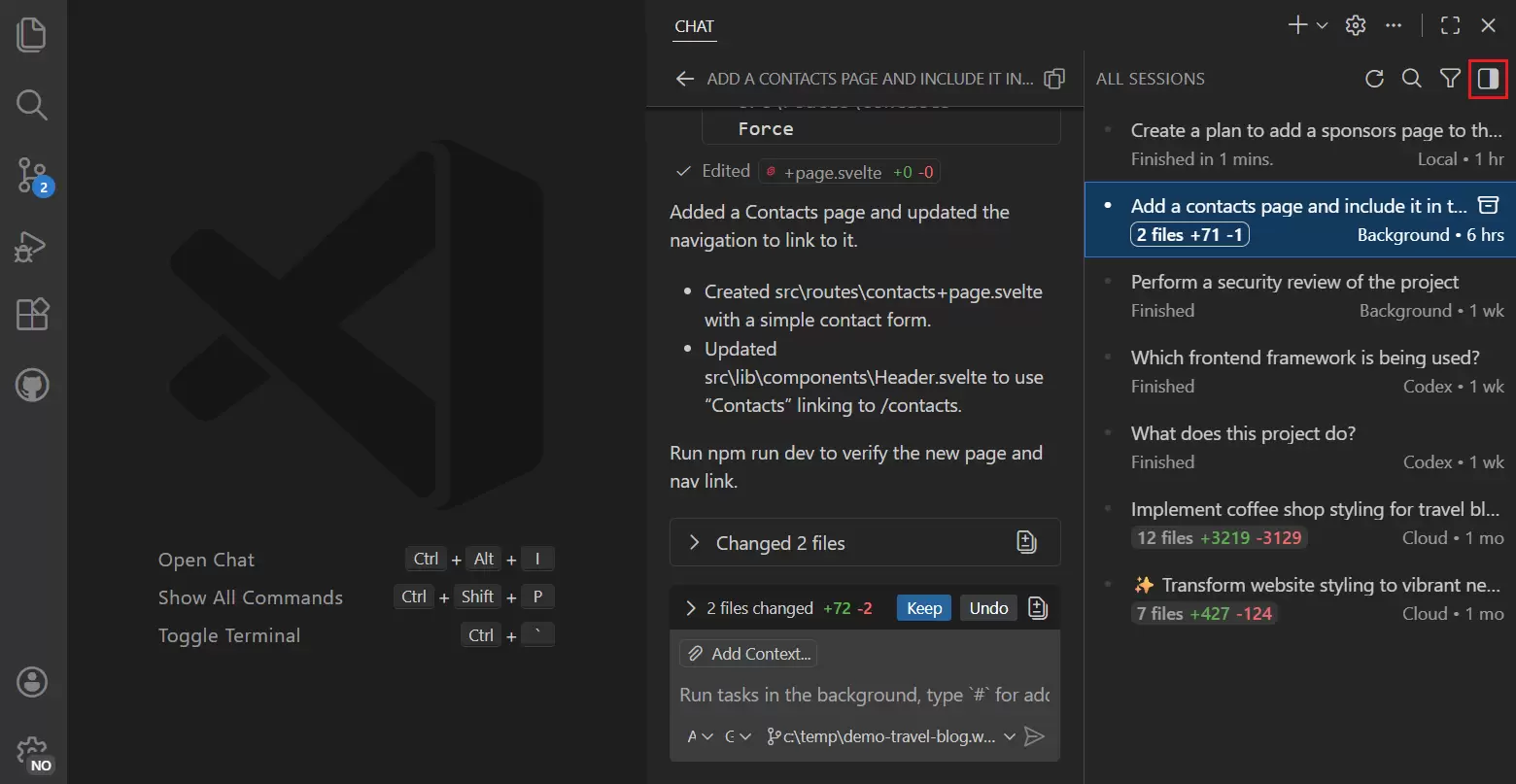VS Code Chat 视图显示当前会话、回复内容和右侧会话列表