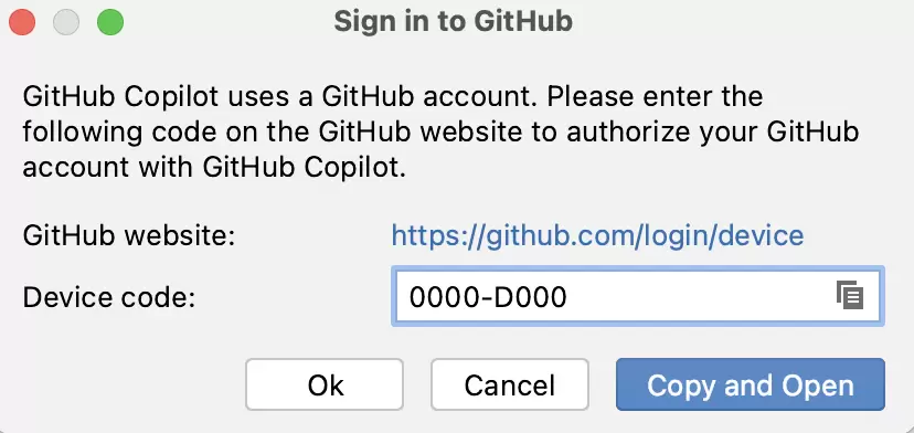GitHub 官方文档中的设备授权窗口示例显示 github.com/login/device、一次性代码和 Copy and Open 按钮