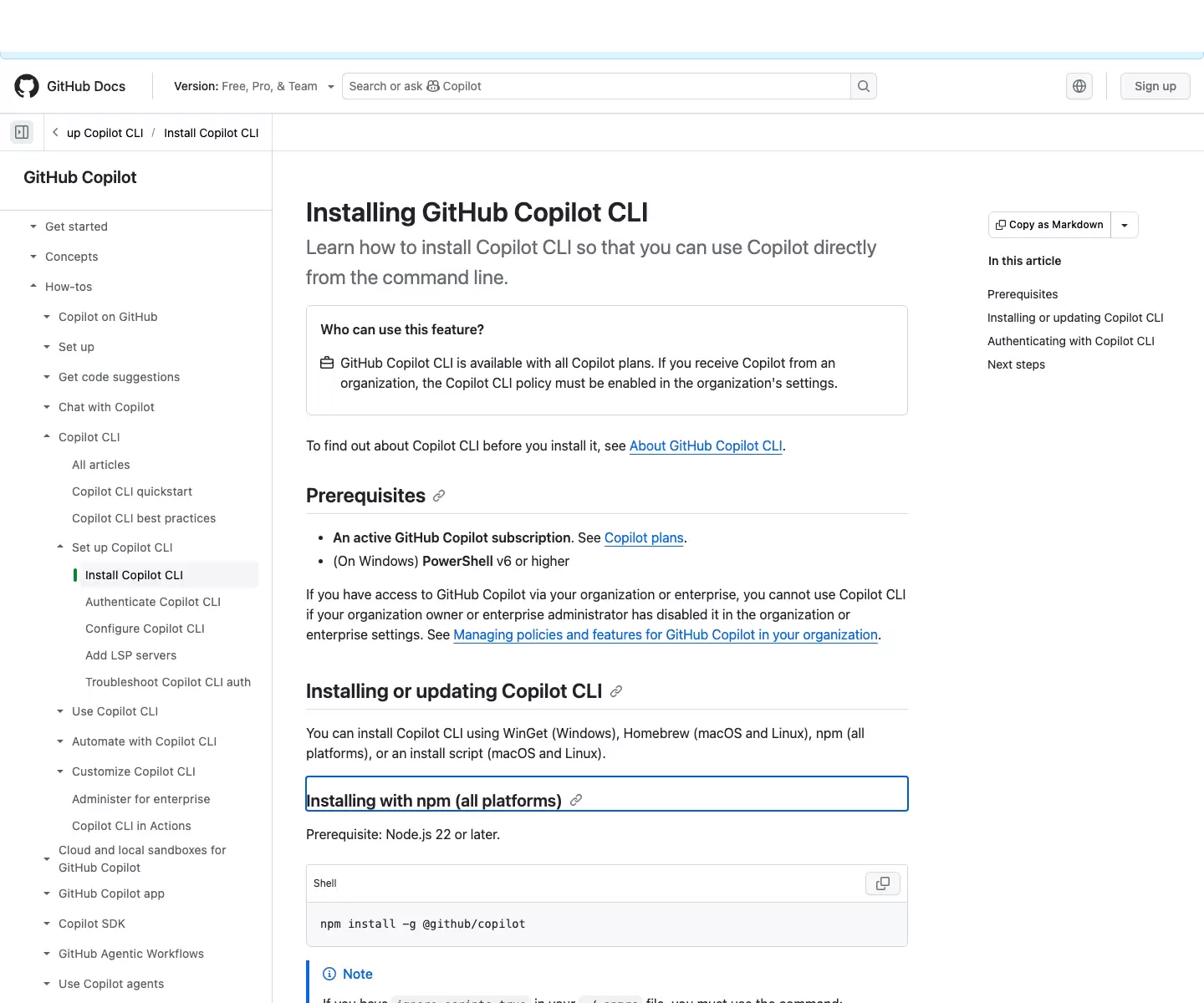 GitHub Docs 的 Copilot CLI 安装页显示 Node.js 22 前置条件和 npm install -g @github/copilot 命令