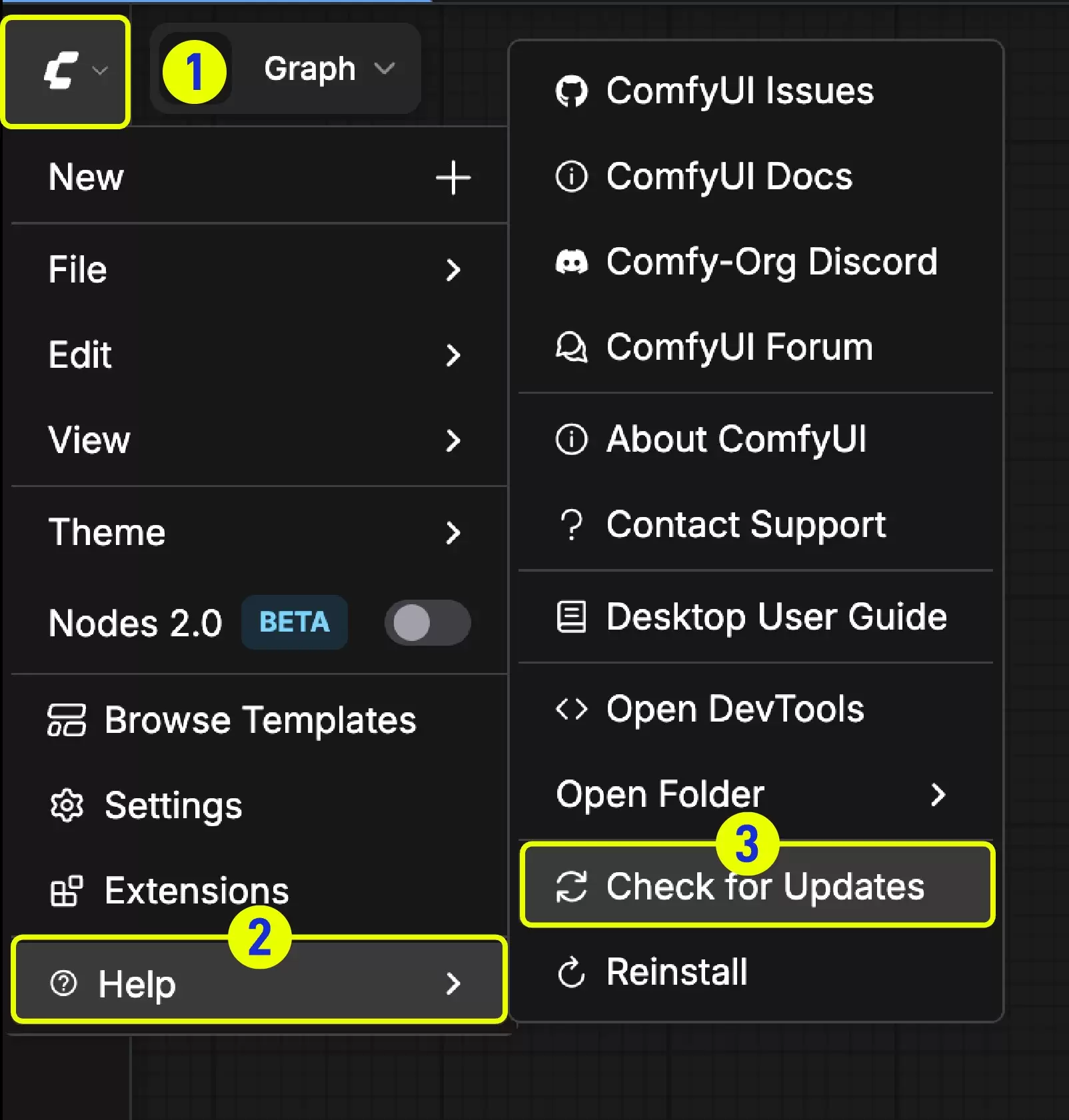 Comfy Desktop 的 Help 菜单中 Check for Updates 命令