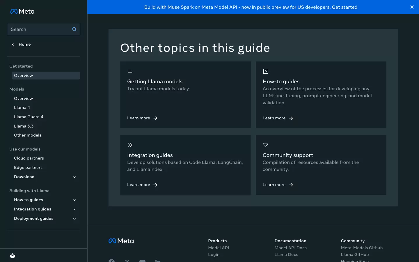 Meta Llama文档Other topics in this guide区域，显示Getting Llama models、How-to guides、Integration guides和Community support