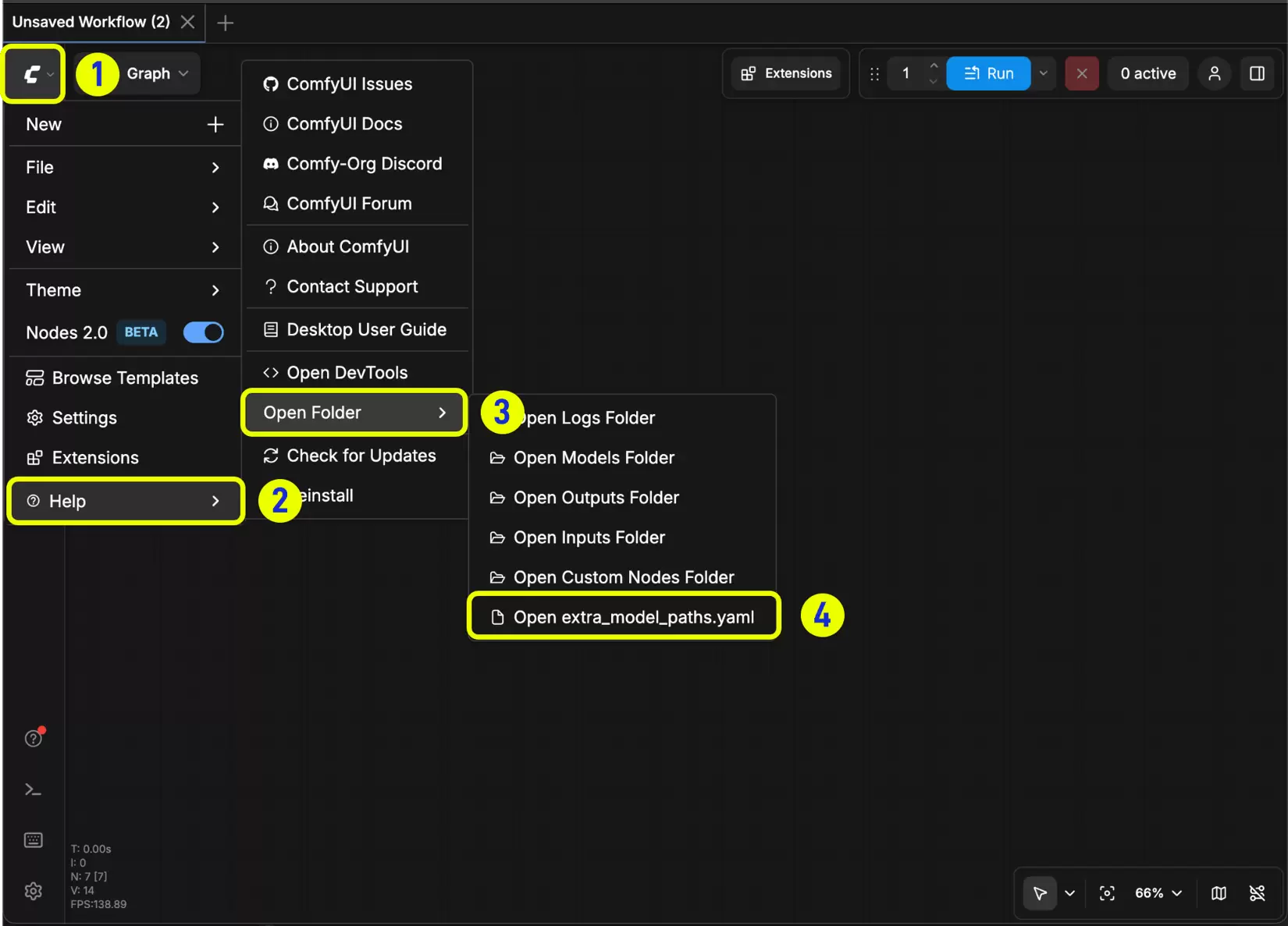 ComfyUI Desktop 的 Help 菜单依次展开 Open Folder 和 Open extra_model_paths.yaml