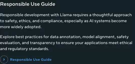 Meta Llama How-to guides 中的 Responsible Use Guide 卡片，说明安全、伦理、合规和透明度