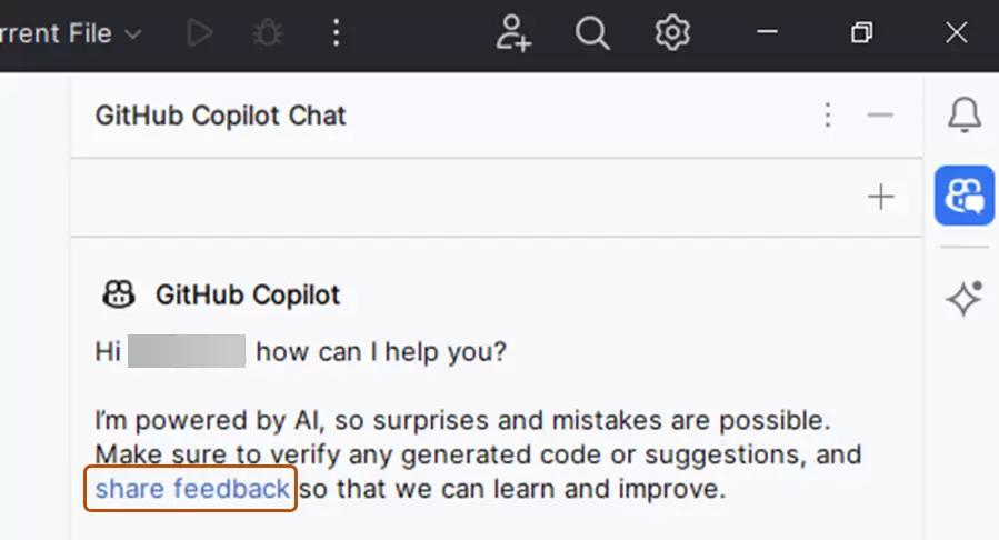 JetBrains IDE 中已打开的 Copilot Chat 面板和 Share feedback 入口