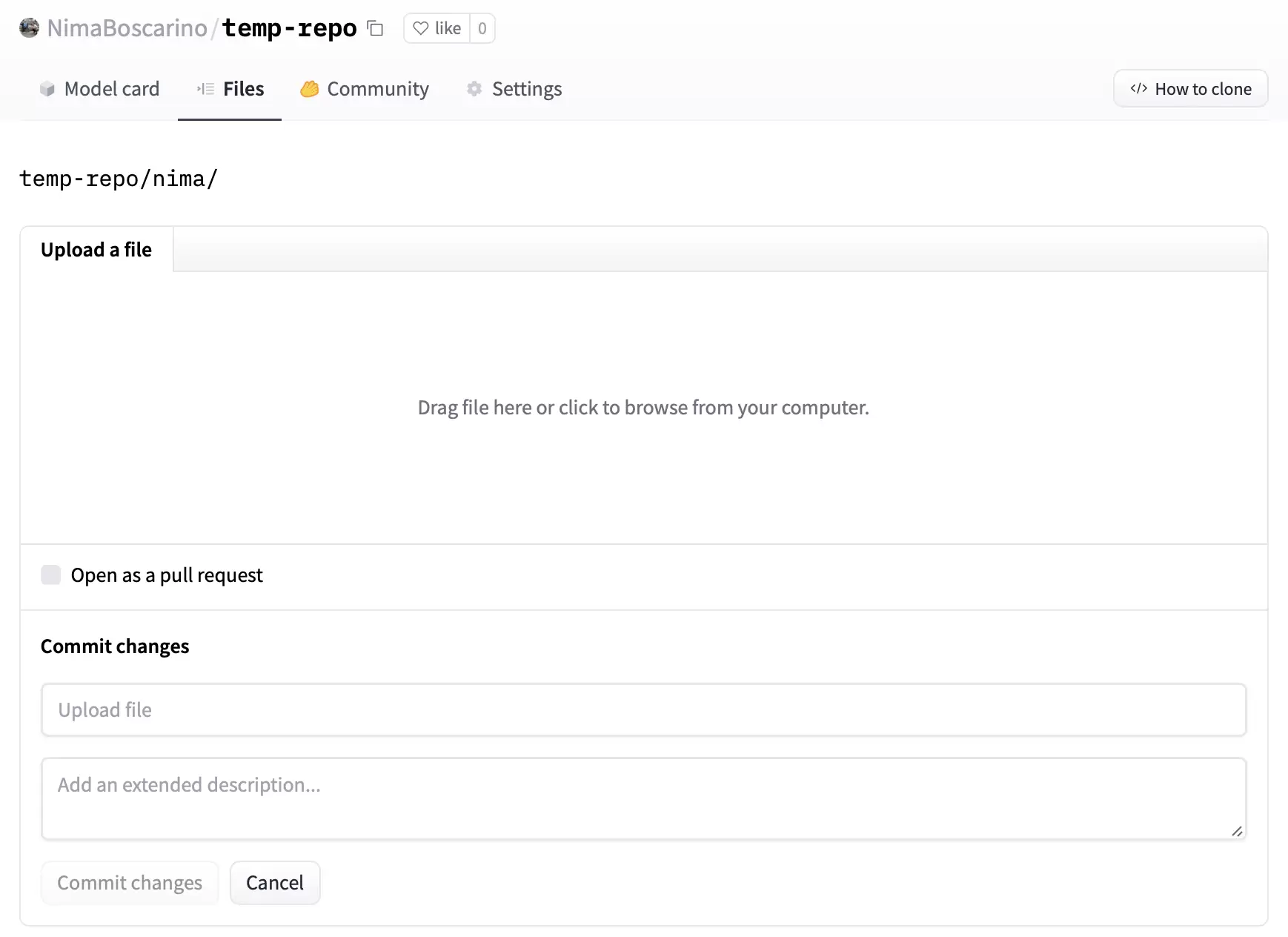 Hugging Face Upload a file 页面，包含拖放区、提交标题、说明、Open as a pull request 和 Commit changes