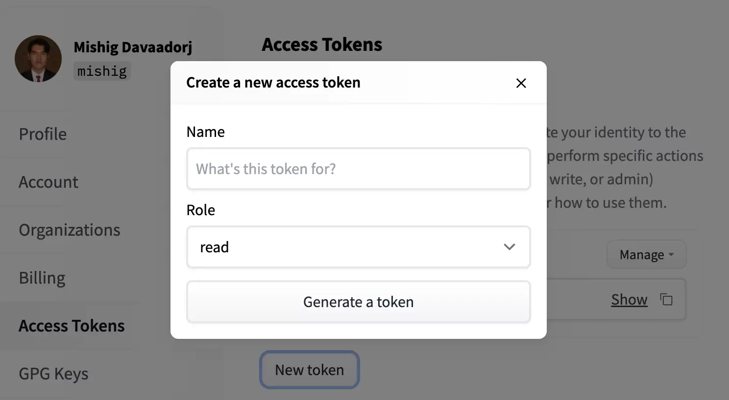 Hugging Face Create a new access token 对话框，包含 Name、Role 和 Generate a token
