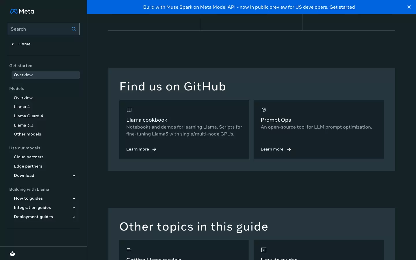 Meta Llama文档Find us on GitHub区域，显示Llama cookbook和Prompt Ops两个官方资源卡片