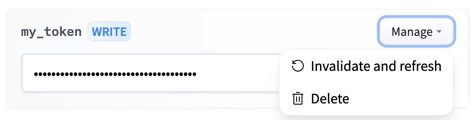 Hugging Face Access Token 的 Manage 菜单，包含 Invalidate and refresh 与 Delete