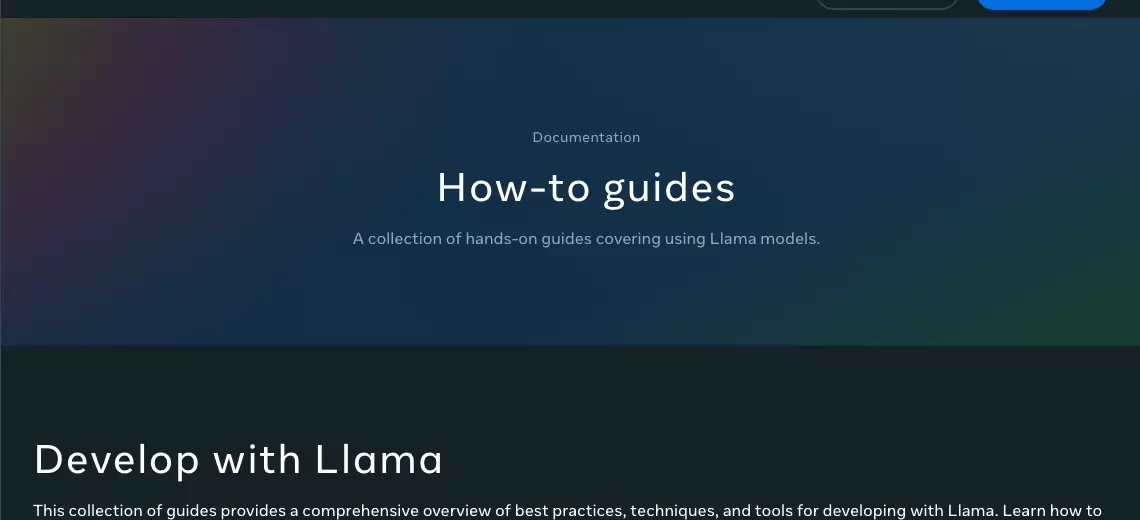 Meta Llama 官方 How-to guides 页面顶部，显示 How-to guides 标题和 Develop with Llama 区域
