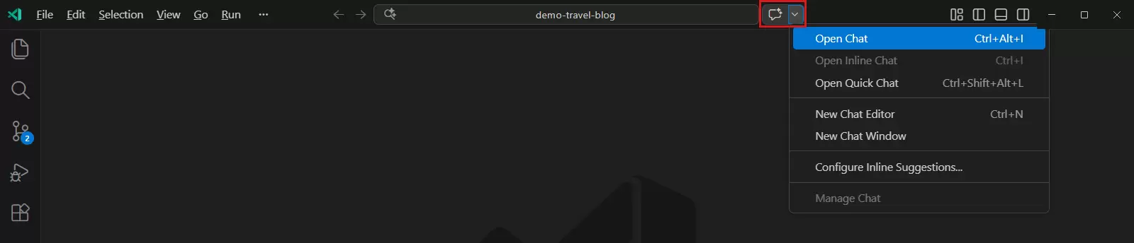 VS Code 顶部 Copilot 菜单展开后显示 Open Chat 入口