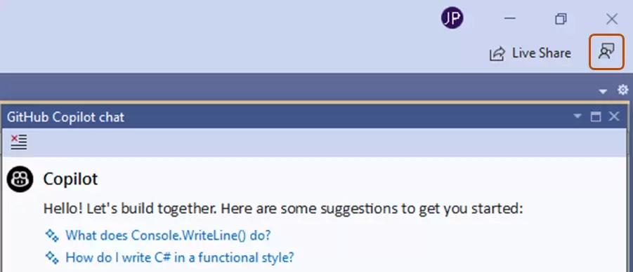 Visual Studio 中已打开的 GitHub Copilot Chat 窗口及底部反馈按钮