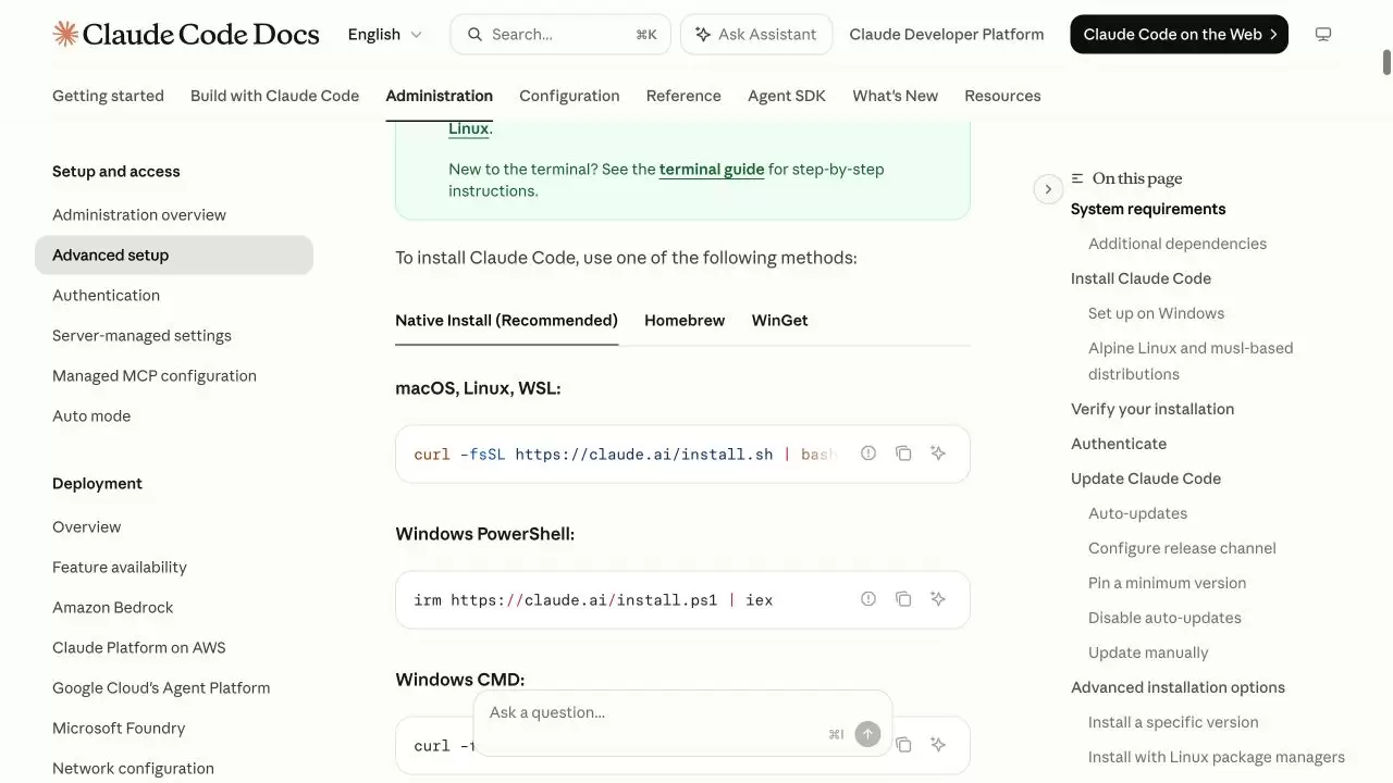 Claude Code 官方页面选中 Native Install Recommended 并显示 macOS Linux WSL 安装代码框