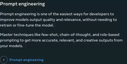 Meta Llama How-to guides 中的 Prompt engineering 卡片，列出少样本、思维链和角色提示