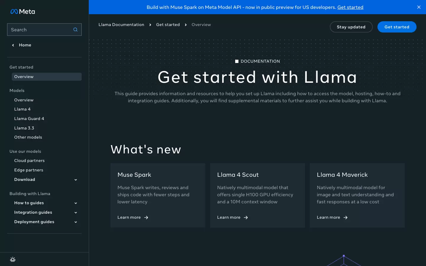 Meta Llama官方开发者文档首页，左侧显示模型、下载和构建指南导航，正文显示Get started with Llama