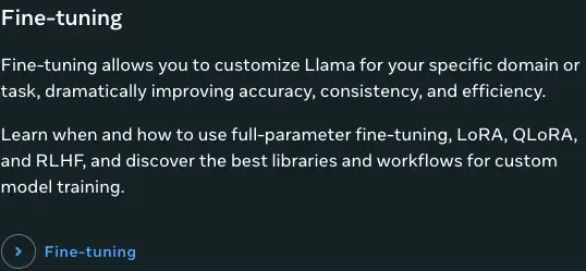 Meta Llama How-to guides 中的 Fine-tuning 卡片，列出全参数微调、LoRA、QLoRA 和 RLHF
