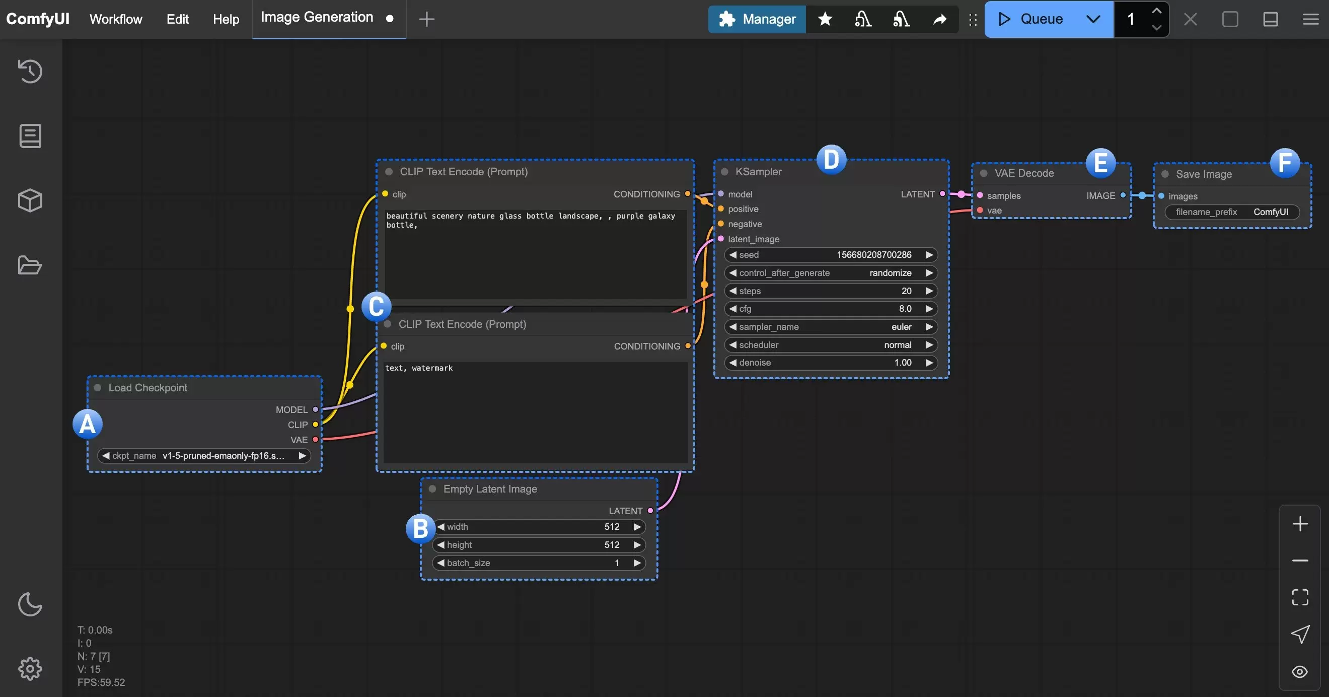 ComfyUI 文生图基础工作流中的 Load Checkpoint、提示词、KSampler、VAE Decode 和 Sa ve Image 节点连接关系