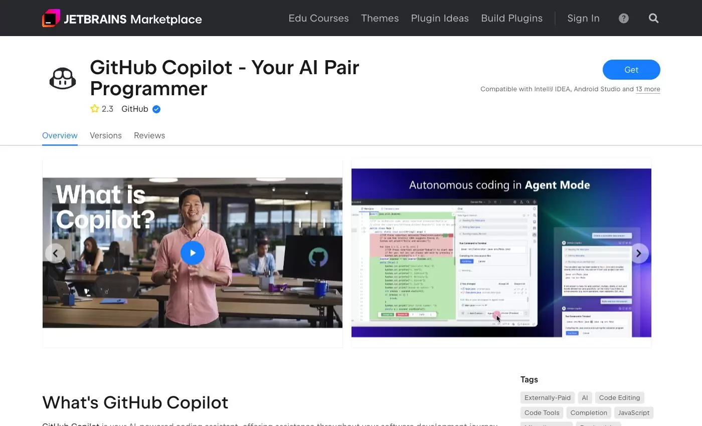 JetBrains Marketplace 的 GitHub Copilot 官方插件页面，显示 GitHub 发布者、Get 按钮和兼容产品